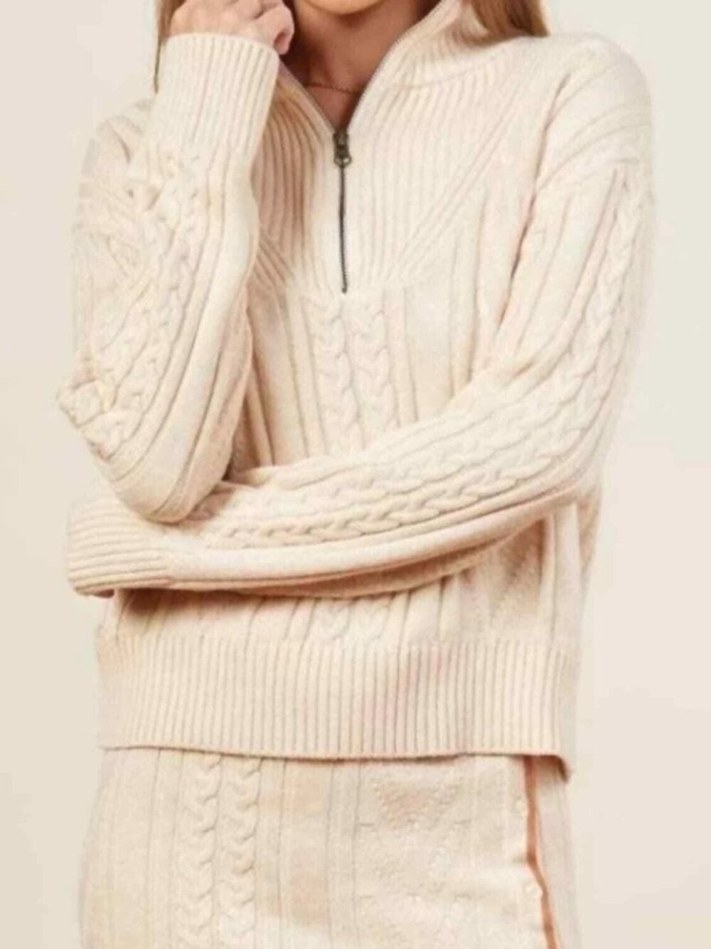 MONROW Cable Knit Half Zip Fisherman Sweater Cream Coastal Chic Medium